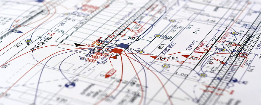 Close-up of technical electrical wiring diagram and schematic plan