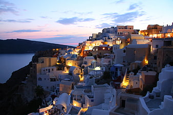 Santorini Oia Village at Dusk with Blue Domes