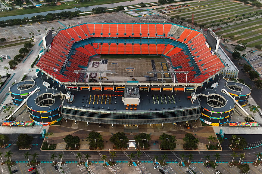 Aerial View of Hard Rock Stadium with Orange Seats