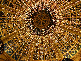Golden Christmas Lights in Ornate Glass Dome Ceiling