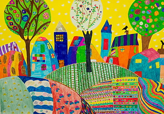 Vibrant Folk Art Painting Of Colorful Village Houses And Patterned Garden