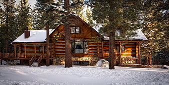 Rustic Log Cabin in Snowy Pine Forest Winter Landscape
