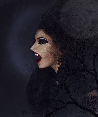Dark fantasy vampire woman with tree branches and bats