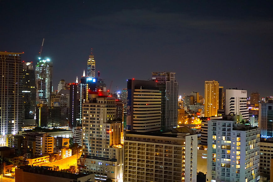 Night Cityscape of Bangkok Skyline with High Rise Buildings