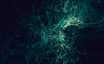 Abstract glowing green and yellow light trails on dark background