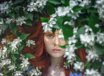 Portrait of Redhead Woman Hidden in White Jasmine Flowers