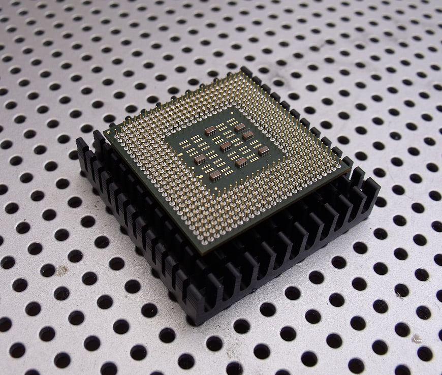 Close-up of a CPU Processor on a Black Heatsink