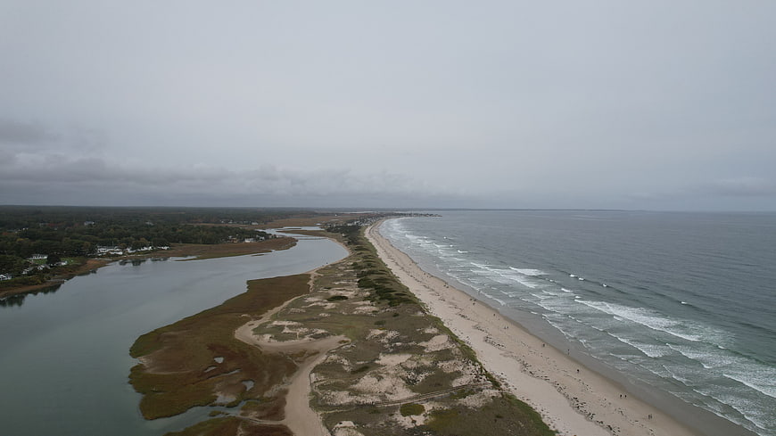 Aerial View of Coastal Barrier Island and Ocean Waves