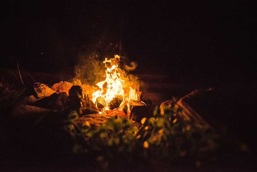 Campfire Burning at Night with Sparks and Smoke