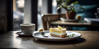 Lemon cheesecake slice with coffee on wooden table