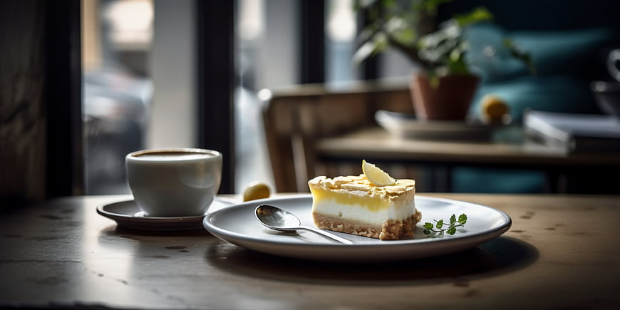 Lemon cheesecake slice with coffee on wooden table
