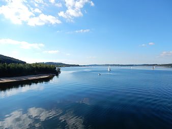 Serene Lake Landscape with Sailboats on a Sunny Summer Day