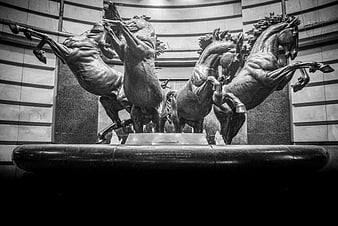 Dramatic Black and White Sculpture of Rearing Horses