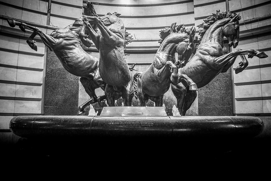 Dramatic Black and White Sculpture of Rearing Horses