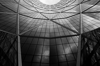 Black and white low angle view of modern glass skyscraper architecture