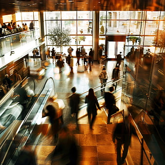 Busy Modern Office Atrium with Motion Blur