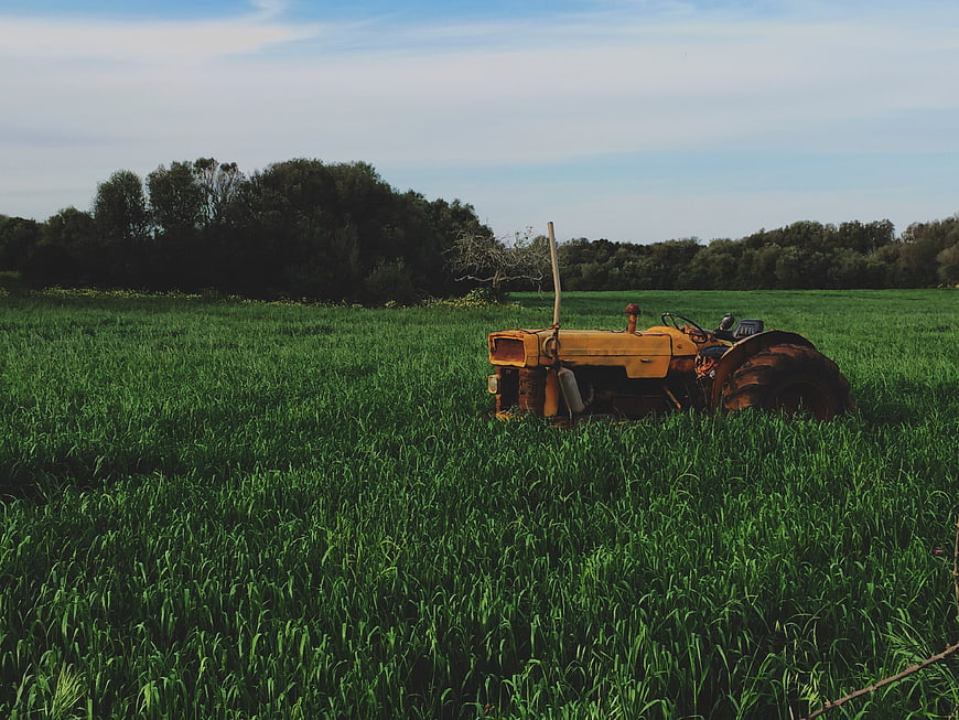 Old Yellow Tractor in Green Field