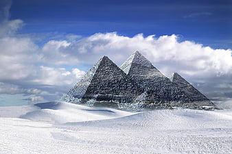 Surreal snowy pyramids of Giza under blue sky