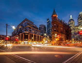 Long Exposure Night Cityscape with Light Trails and Architecture