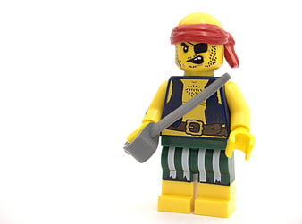 Lego Pirate Minifigure with Sword and Eye Patch on White Background