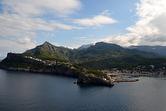 Aerial View of Port de Pollença Bay and Mountains in Mallorca