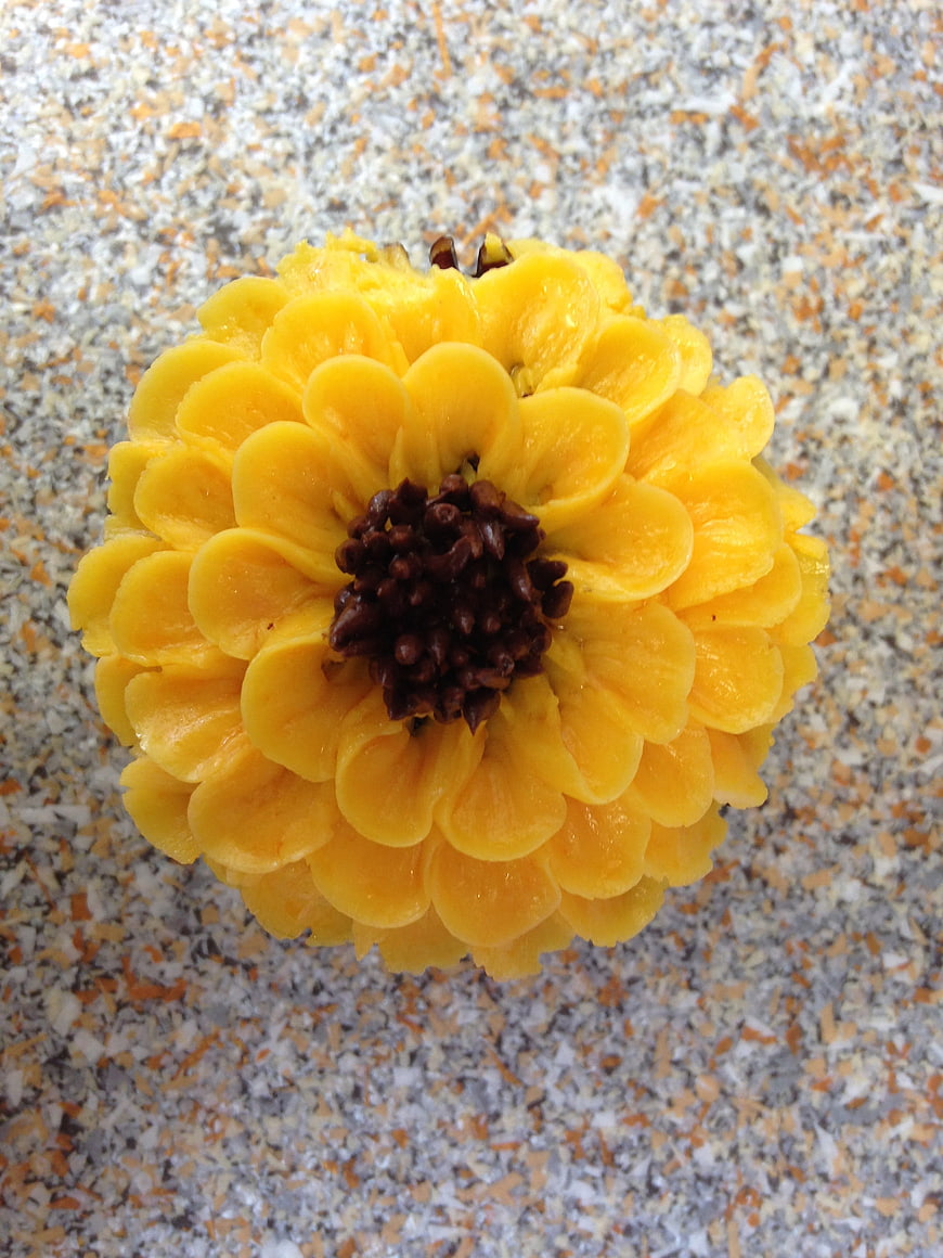 Yellow flower-shaped cupcake on granite countertop