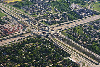 Aerial View of Complex Highway Interchange in Suburban Area