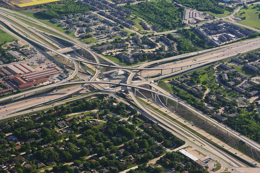 Aerial View of Complex Highway Interchange in Suburban Area