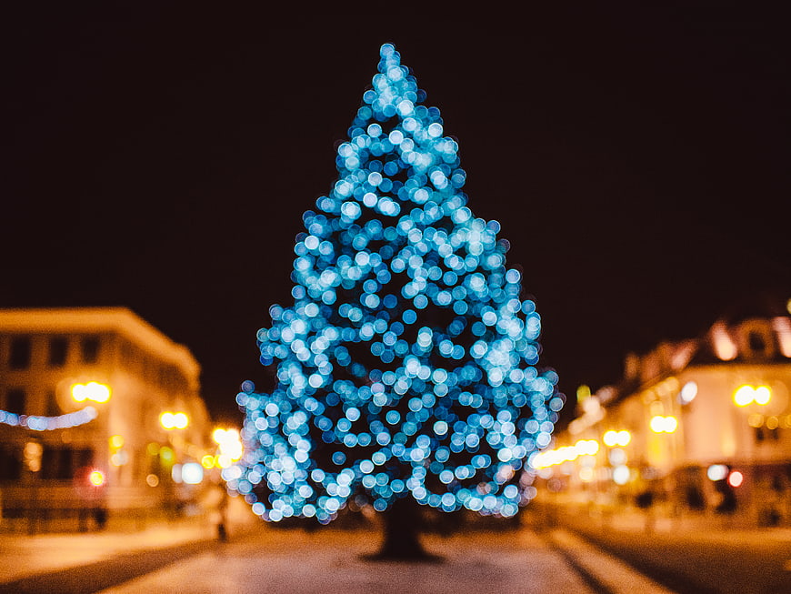 Abstract Blue Christmas Tree Bokeh Lights at Night