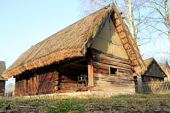 Traditional wooden cottage with thatched roof in open air museum