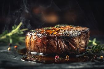 Sizzling grilled steak close-up with herbs and spices