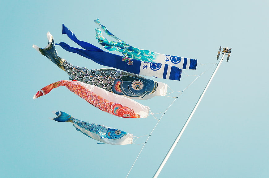 Japanese Koinobori Carp Streamers Flying in Blue Sky
