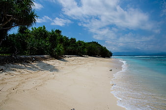 Tropical beach with turquoise water and lush green vegetation