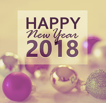 Happy New Year 2018 Text with Purple and Gold Ornaments