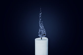 Surreal Water Flame on White Candle Against Dark Blue Background