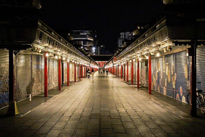 Night view of Senso-ji temple approach in Asakusa, Tokyo
