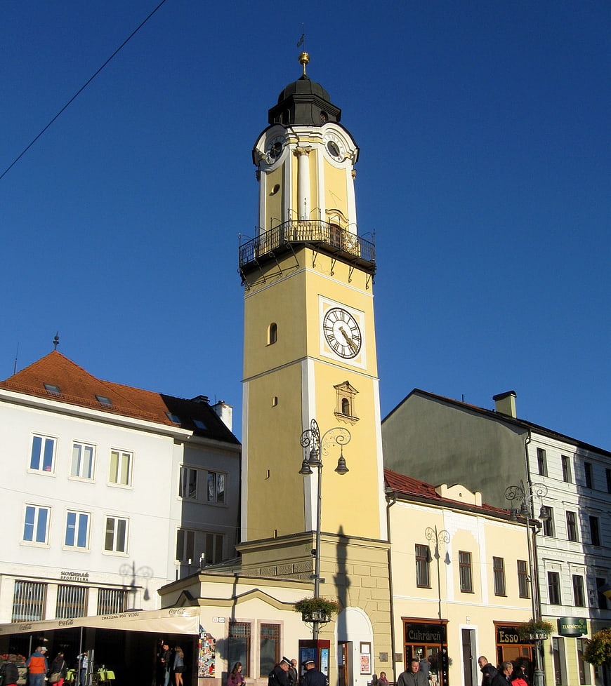 Yellow Clock Tower in Banská Bystrica Town Square