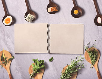 Blank Recipe Notebook Flat Lay With Fresh Herbs And Food Ingredients