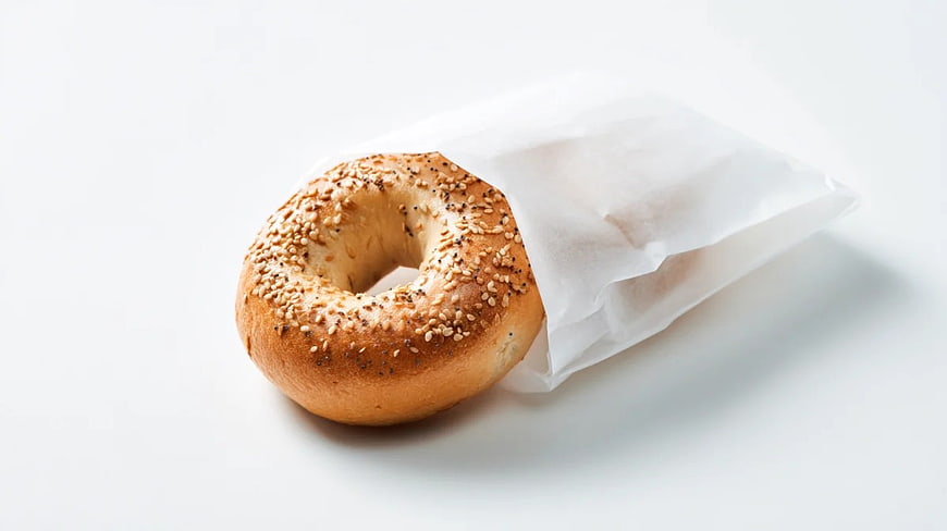 Fresh Sesame Bagel in White Paper Bag on White Background