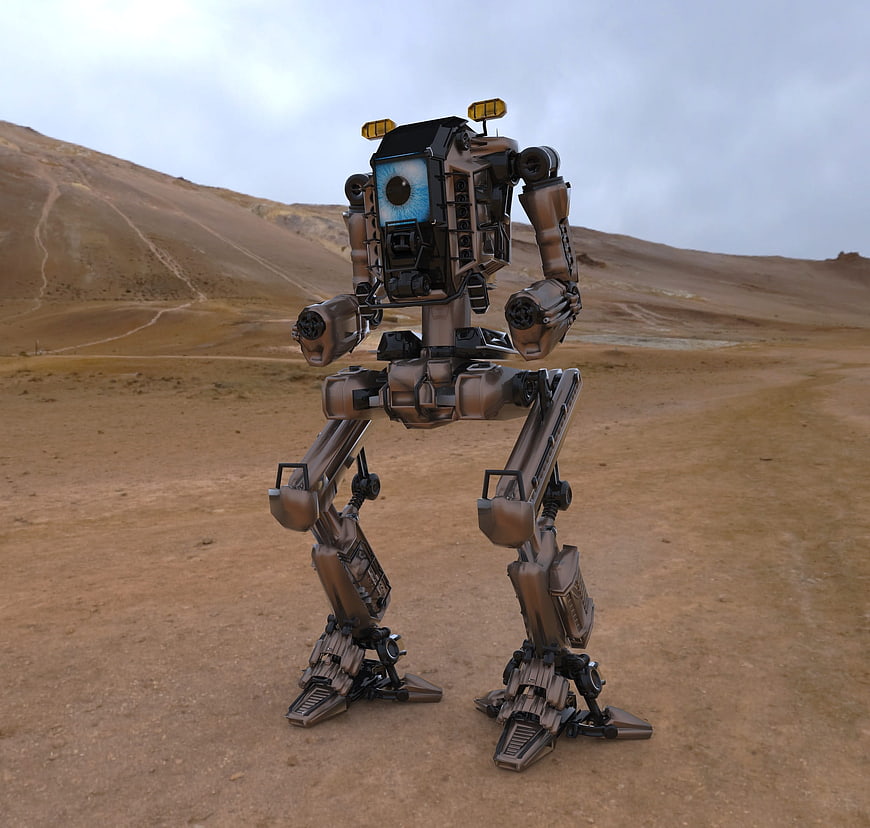 Futuristic Brown Robot Standing In Desert Landscape 3D Render