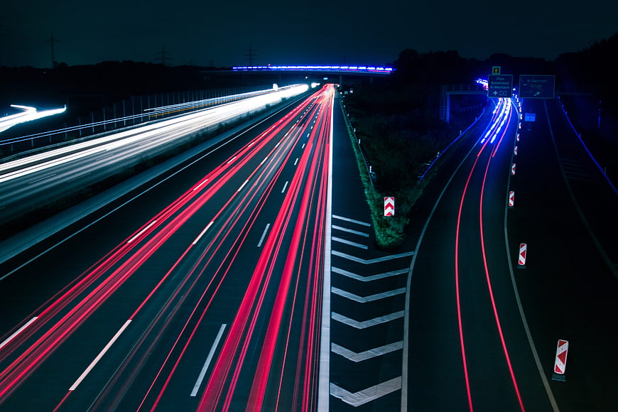 Long Exposure Night Highway Traffic Light Trails