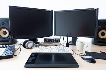 Professional dual monitor home office workspace setup