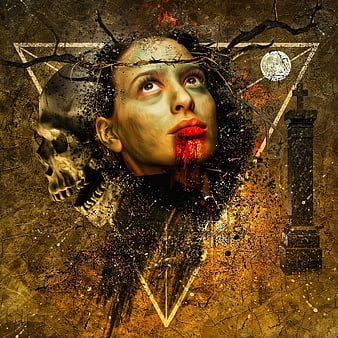 Gothic Vampire Woman Portrait with Skull and Blood