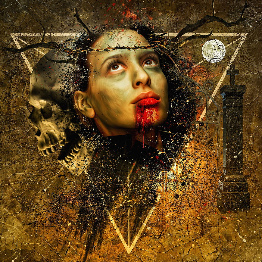 Gothic Vampire Woman Portrait with Skull and Blood