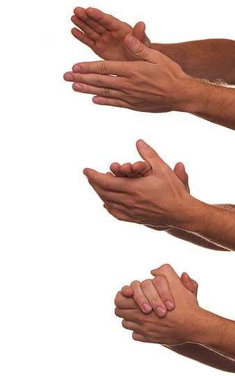 Man Clapping Hands In Three Different Positions On White Background