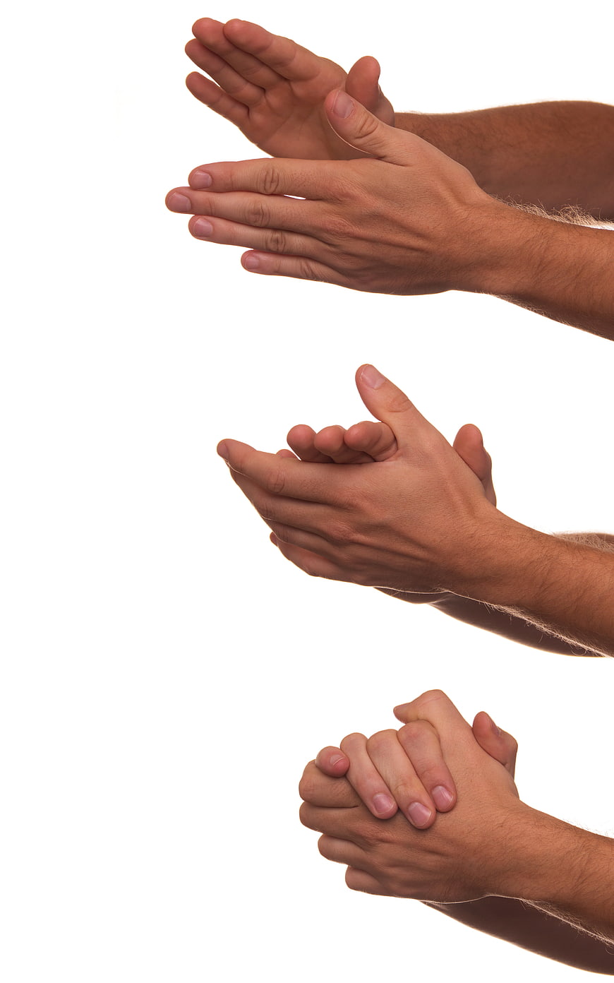 Man Clapping Hands In Three Different Positions On White Background