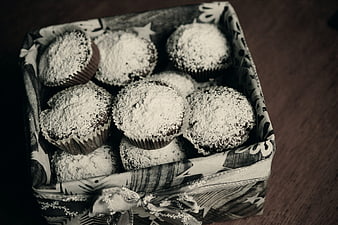 Box of chocolate muffins dusted with powdered sugar