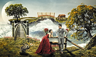 Fantasy couple in red dress and suit on floating island with raccoon