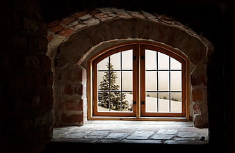 Arched wooden window looking out onto a snowy winter landscape