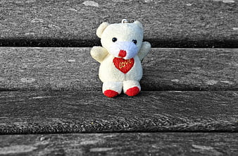 Cute White Teddy Bear Keychain with Red Heart on Wood